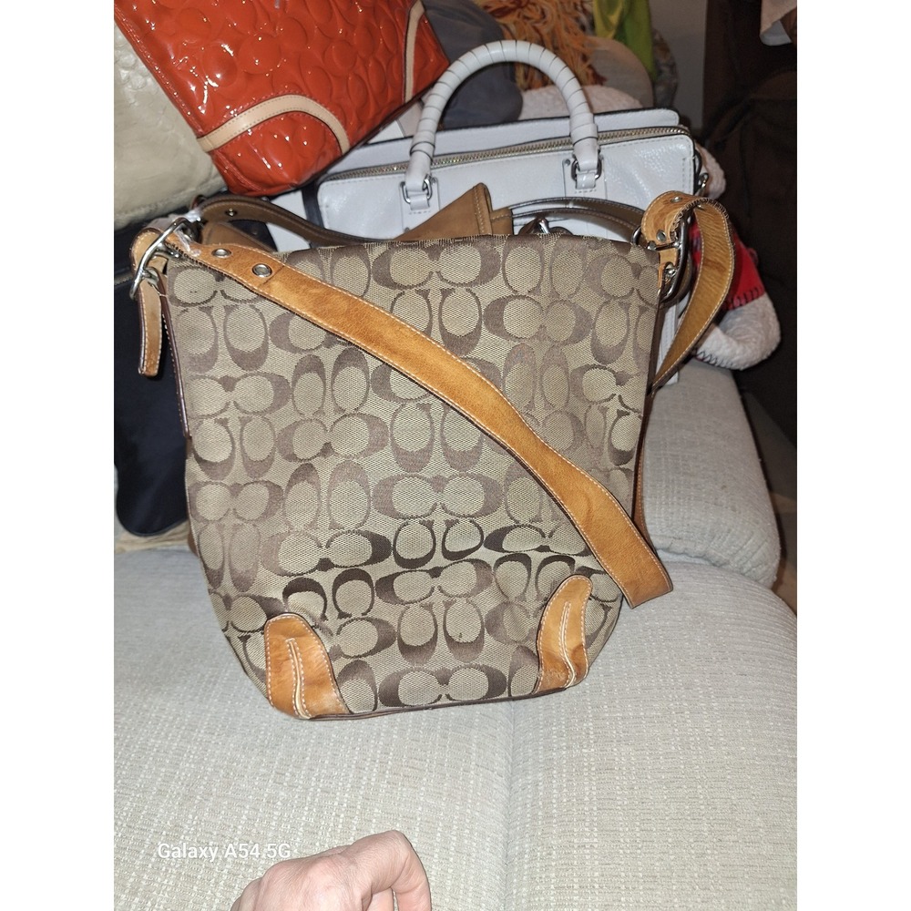 47. Coach Signature C Jacquard Canvas Leather Shoulder Bag Brown Khaki vintage - Picture 2 of 8